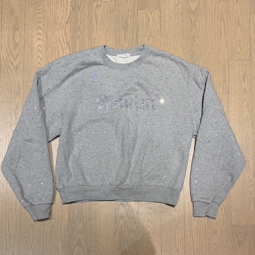 Good American Gemini Heather Gray Crystal Logo Crew Sweatshirt